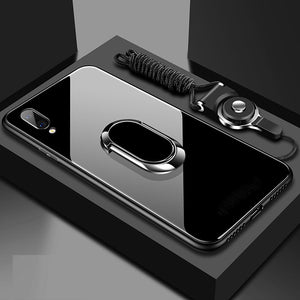 Tempered Glass Protective Phone Case +Magnetic Ring Holder +Strap For iPhone X XR XS MAX