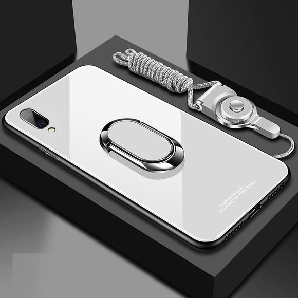 Tempered Glass Protective Phone Case +Magnetic Ring Holder +Strap For iPhone X XR XS MAX