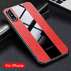 Phone Case - Luxury Litchi Leather + Glass + Soft TPU Frame Case For iPhone X/XR/XS/XS Max 8 7 6S 6/Plus
