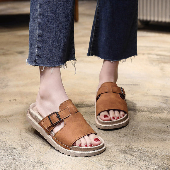 Shoes - Buckle Backless Leather Slip On Casual Sandals(Buy 2 Got 5% off, 3 Got 10% off)