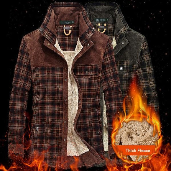 Men's Clothing - Military Men Casual 100% Cotton Winter Wool Thick Warm Plaid Fleece Shirts