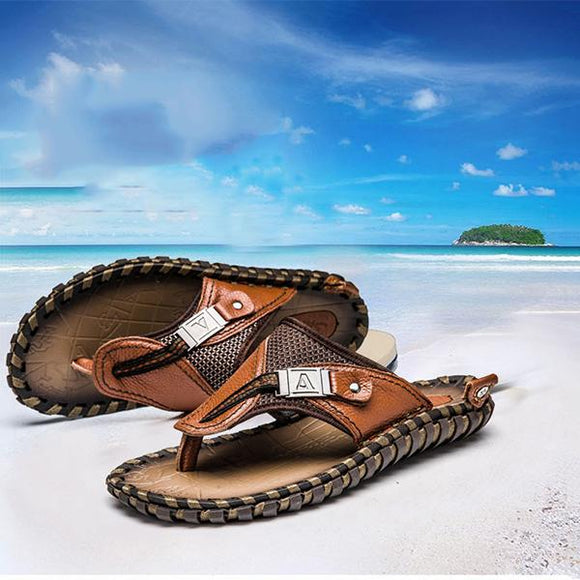 Kaaum Men Summer Plus Size Hand-made Genuine Leather Slippers Beach Shoes