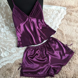 Clothing -  Women Sexy Deep V-neck Sleeveless Silk Lace Top With Shorts Sleepwear Set