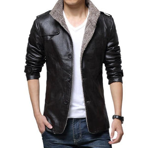 2020 Winter Warm Faux Leather Jacket Men Solid Long Sleeve PU Leather Coat