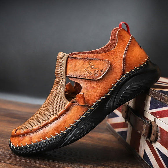 Men's Handmade Leather Mesh Splicing Sandals