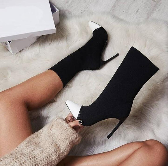 2019 New Sexy Stretch Fabric Pointed Toe Ankle Boots