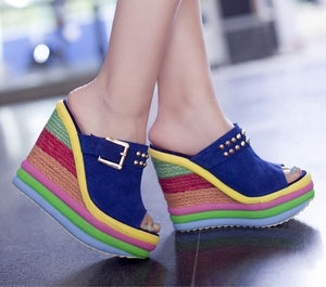 Sandals - Fashion Bohemia Rainbow Platform Wedges Sandals