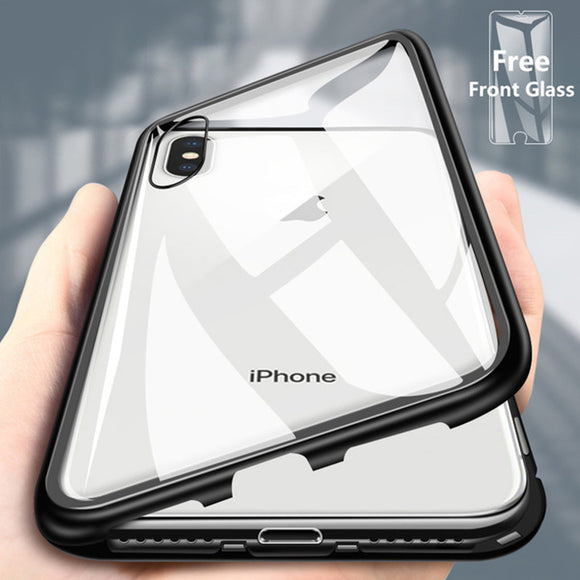 Phone Case - Luxury Built-in Magnet Adsorption Tempered Glass Back Full Protection Phone Case For iPhone XS/XR/XS Max 8/7 Plus