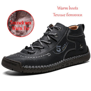 Comfortable Men Ankle Boots Thick Plush Warm Snow Boots Leather Autumn Outdoor