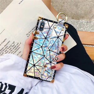 Phone Case - Fashion Metal Square Laser Cover Cases with Wrist Strap for iPhone X XR XS MAX