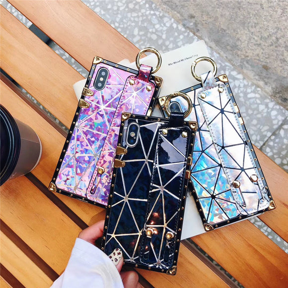 Phone Case - Fashion Metal Square Laser Cover Cases with Wrist Strap for iPhone X XR XS MAX