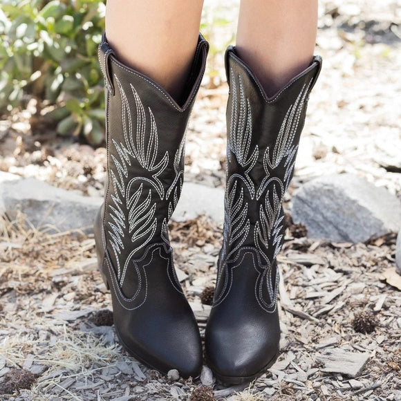 Fashion Mid Calf Women Western Cowboy Pointed Toe Boots