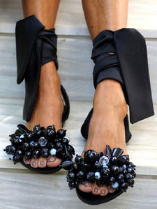 Kaaum Fashion Women Ankle Strap Beaded Flat Sandals