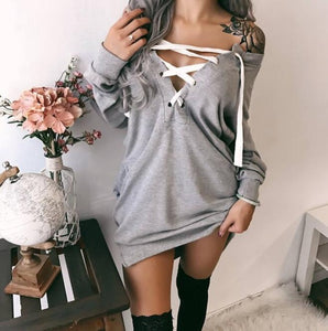 Women's Clothing - 2019 Sexy Deep V Neck Lace-up Pocket Casual Sweatshirt
