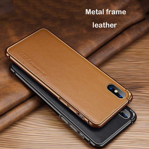 Phone Accessories - Genuine Leather Metal Frame Shockproof Back Case For iPhone 6-8 Series