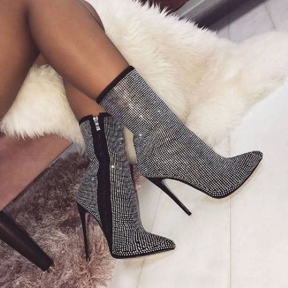 Women's Shoes - New Sexy Crystal Pointed Toe High Heels Ankle Boots