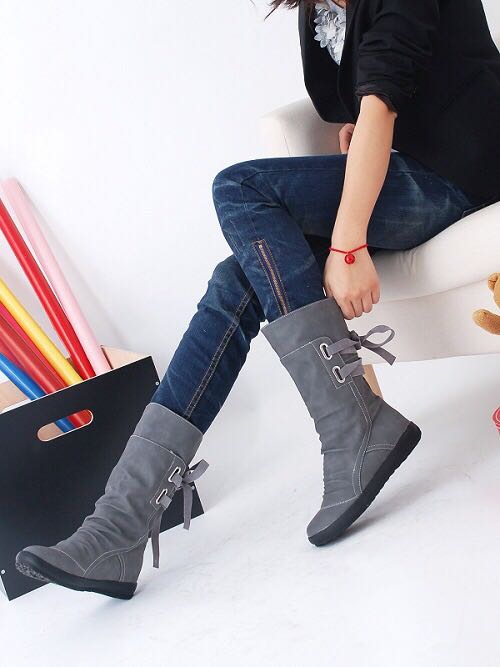 2019 Casual Big Size Pure Color Lace Up Mid Calf Flat Knight Boots