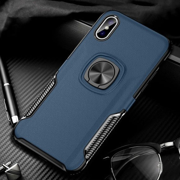 Phone Case - Luxury Litchi Leather Metal Ring Holder Phone Case For iPhone XS/XR/XS Max 8/7 Plus