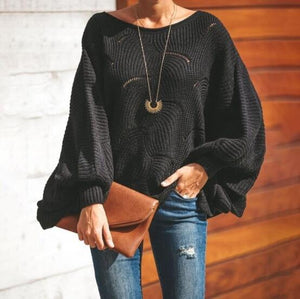 Women's Clothing - Fashion Women's Sexy O-neck Lantern Sleeve Hollow Out Pullover