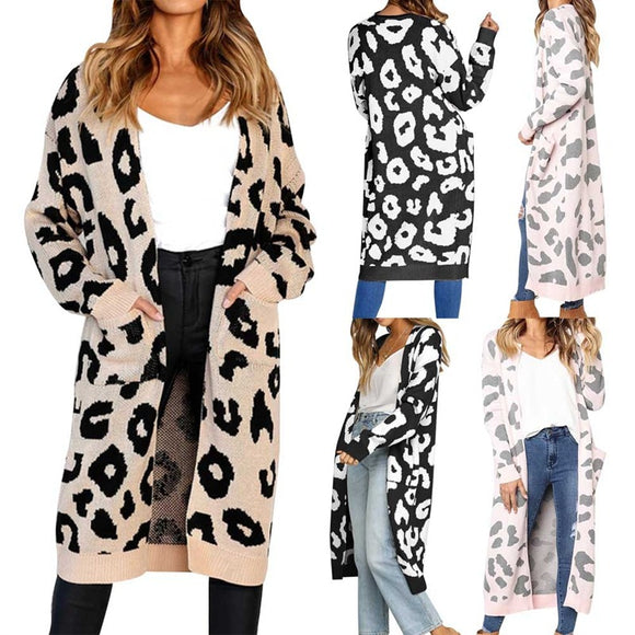 Cardigans - Colorful Leopard Print Long Casual Sweater