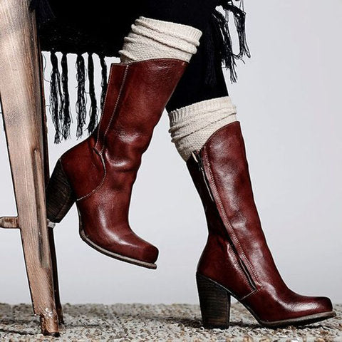 Women Vintage Fashion Leather Zipper High Heel