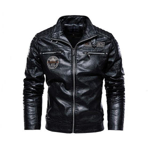 Leather Jacket Men Winter Fleece Motorcycle Stand Collar Casual Windbreaker