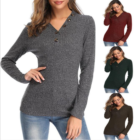 2019 Autumn Winter Sexy Button V Neck Slim Women Sweater