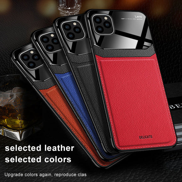 Leather Mirror Tempered Glass Phone Back Case For iPhone