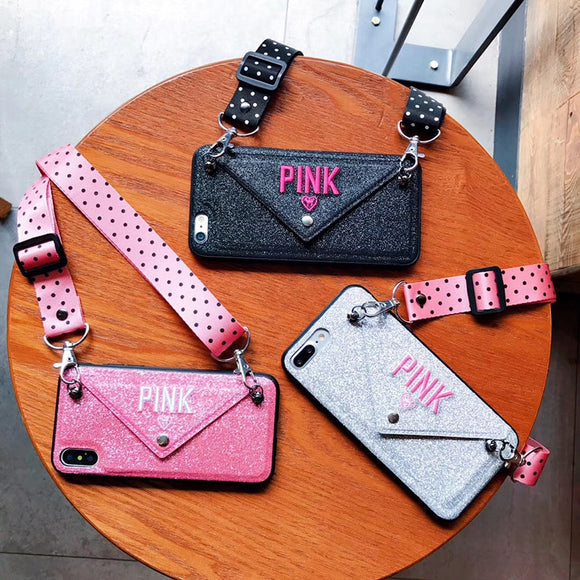 Phone Accessories - Luxury PINK Glitter Embroidery Leather Fashion Wave Point Lanyard Case