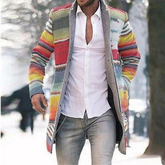 Trench Coat Men Autumn Winter New Striped Single Breasted Stand-up Collar Cardigan