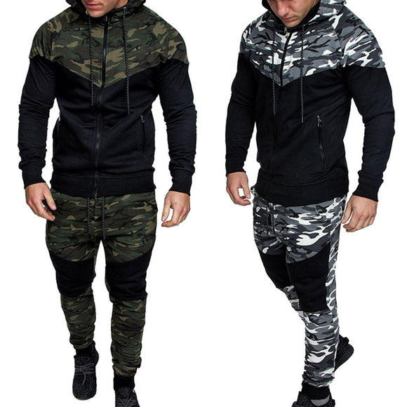 Men Causal Camouflage Print sets Camo Jacket+Pants 2Pc Tracksuit