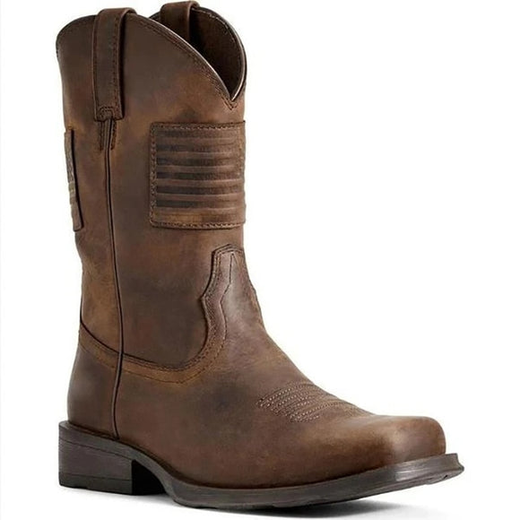 Men Leather Nonslip SlipOn Round Toe Cowboy Boots