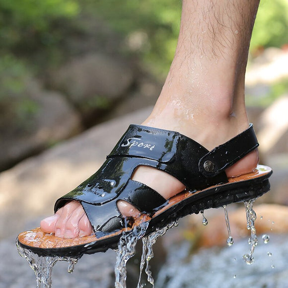 Kaaum-Men Sandals PU Split Leather Men Beach Shoes Casual