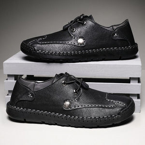 Men Hand Stitching Leather Elastic Lace Casual Flats