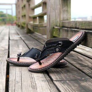 Kaaum Summer Men's Flip Flops Leather Slippers Shoes