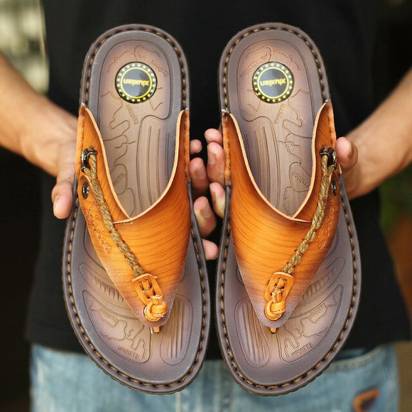 Kaaum Summer Men's Flip Flops Leather Slippers Shoes