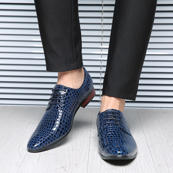 Men Brogue Shoes Artificial Snake Leather Lace Up Pointed Toe Shoes
