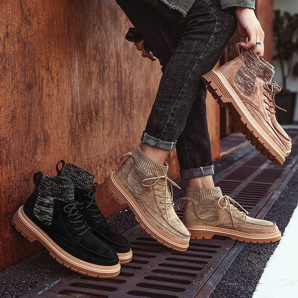 High Quality Men Winter Sock Ankle Booties Fashion Lace-up High-top Working Boots
