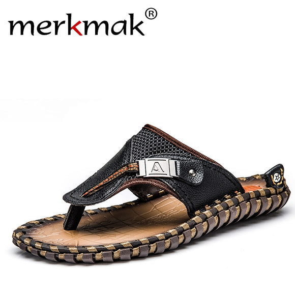 New Men's Flip Flops Genuine Leather Slippers Summer Fashion Beach Sandals Shoes