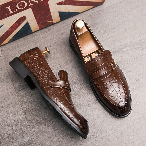 Slip-on Men Casual Leather Shoes Fashion Buckle Crocodile Pattern Dress Shoes