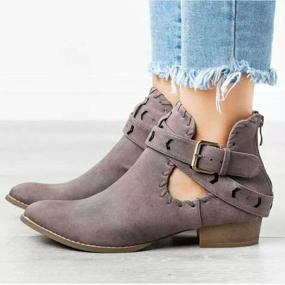 New Women's Low Heel Retro Ankle Strap Boots