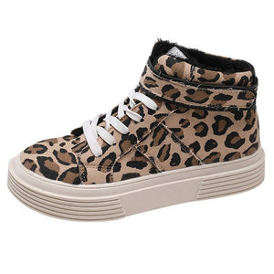 Women's Shoes - Leopard Thick Canvas Mid-Top Sneakers