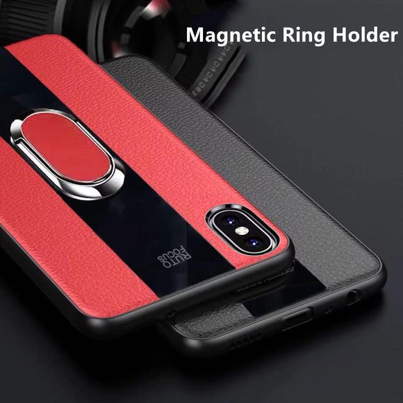 Phone Case - 2019 Luxury Silicone Litchi Leather & Glass Magnetic Ring Holder Case For iPhone X/XR/XS/XS Max 8 7 6S 6/Plus & Samsung