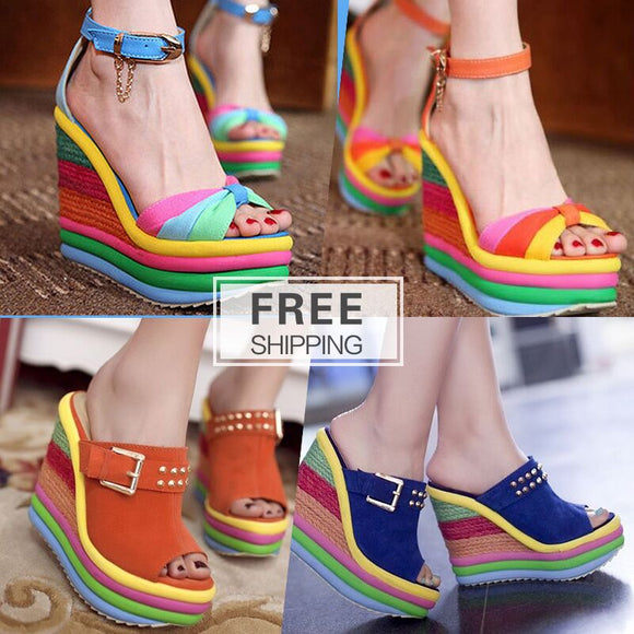 Sandals - Fashion Bohemia Rainbow Platform Wedges Sandals