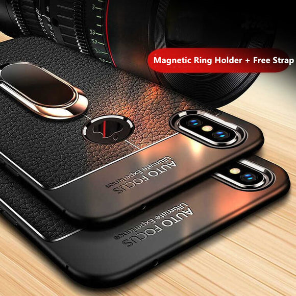 Phone Case - Luxury Litchi Silicone Magnetic Car Holder Case For iPhone X/XR/XS/XS Max 8 7 6S 6/Plus With FREE Strap
