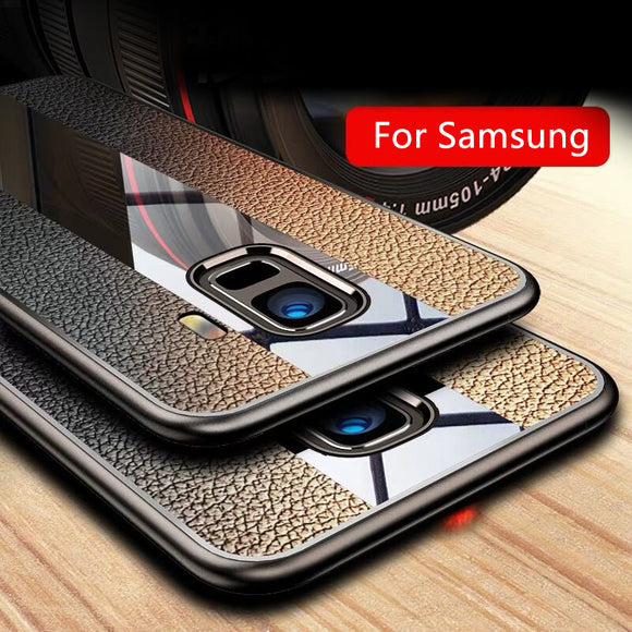 Phone Case - Luxury Litchi Leather + Glass + Soft TPU Frame Case For Samsung