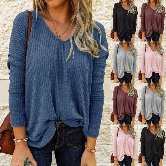 Women Spring Autumn Casual Loose T-Shirts V-neck Long Sleeve Ladies Solid Color Pullovers