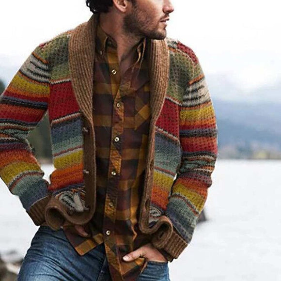 Men's Autumn And Winter Colored Stripped Printed Long-sleeved Coat Wear