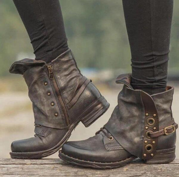 Shoes - Ladies Zipper Buckle Rivet Leather Boots(Buy 2 Get 5% OFF, 3 Get 10% OFF)