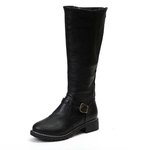 Winter Ladies Vintage Leather Buckle Zip Riding Boots